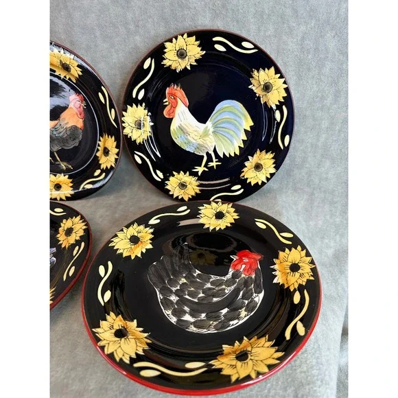 Set of 4 Rooster Sunflower Salad Plates Dark Blue Red Rim‎ Farmhouse  Decor - Picture 7 of 9